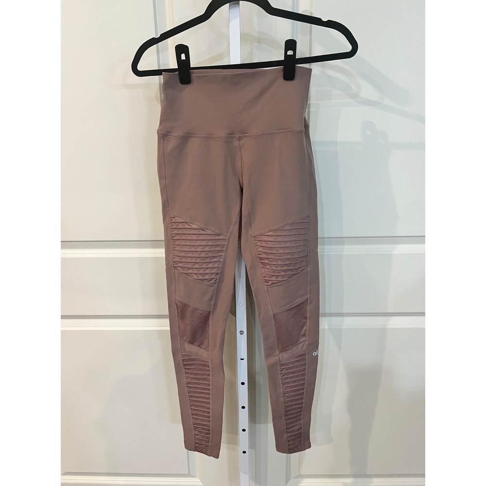 Alo Yoga High Waist Moto Leggings Dusty Pink Mauve Mesh Pintuck Womens Size M